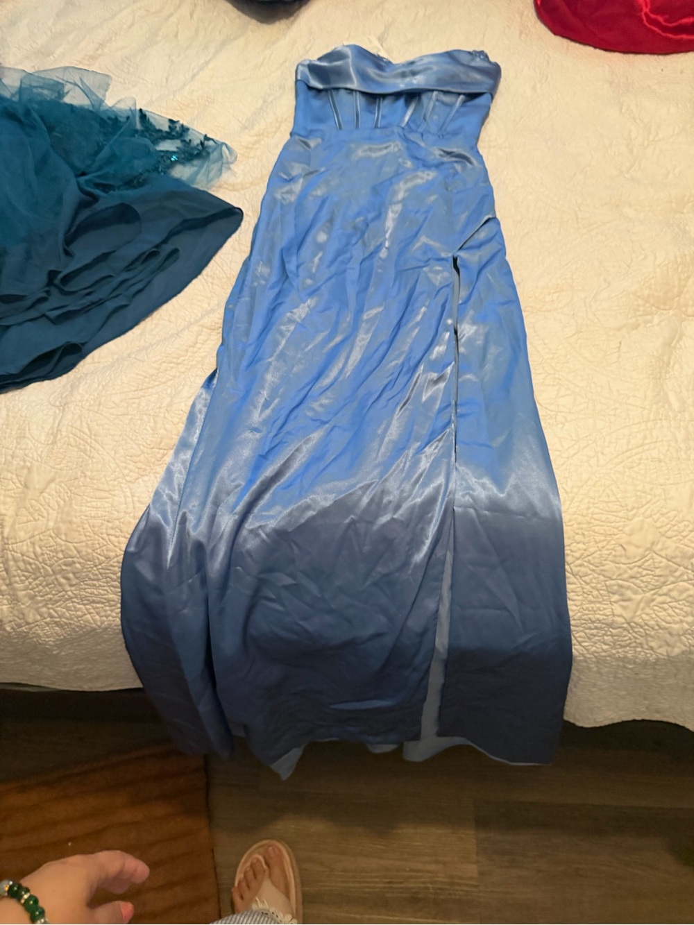 Strapless Light Blue Satin Evening Gown